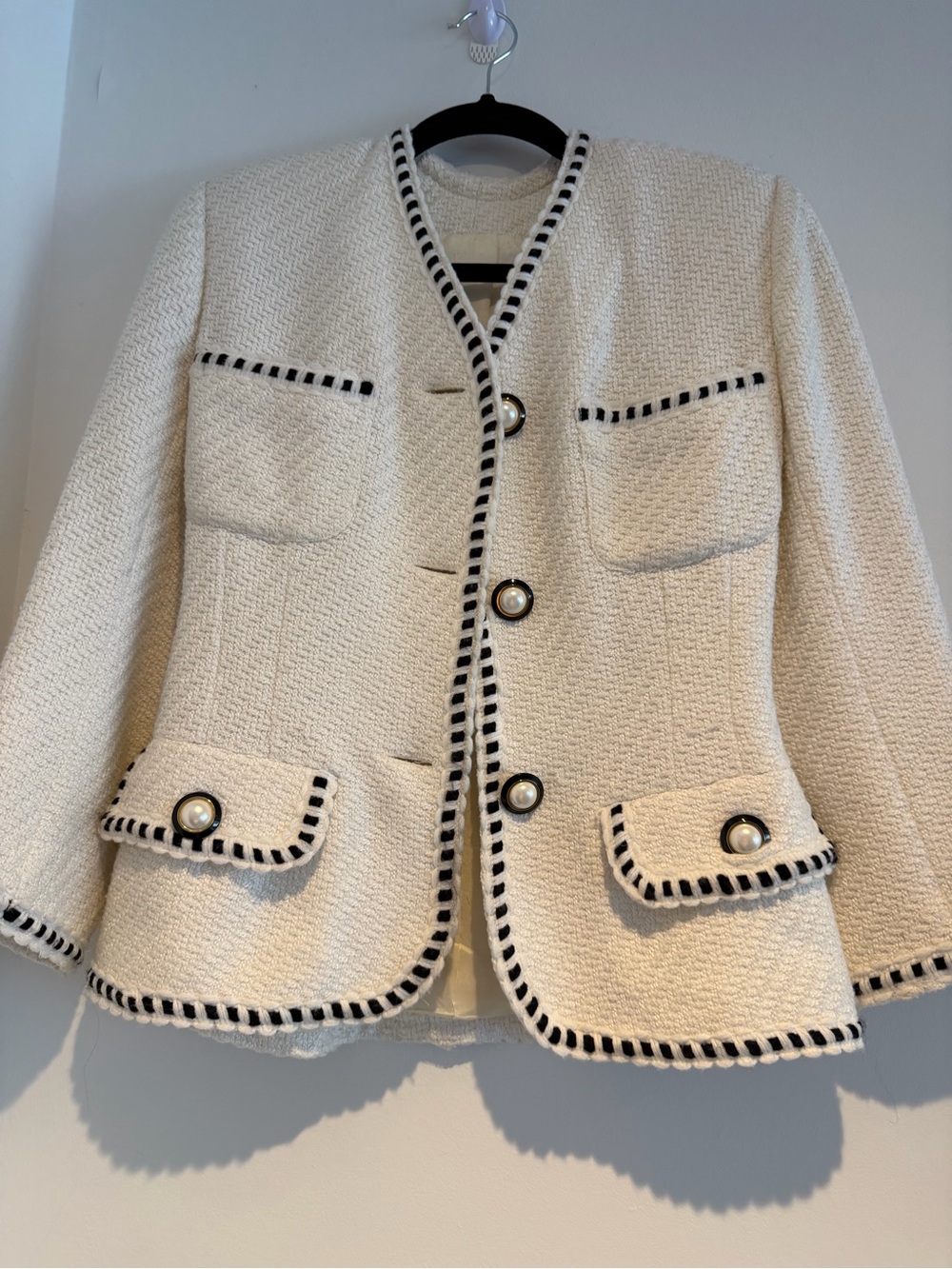 Designer inspired -Cream Bouclé Button Blazer with Black Trim